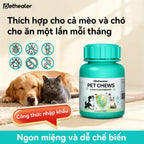 Hình ảnh quảng cáo viên nhai tẩy giun Pethealer Pet Chews dành cho chó và mèo, dùng 1 lần mỗi tháng, vị ngon dễ cho ăn