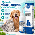 Dung dịch vệ sinh tai Pethealer cho chó và mèo 60ml, chiết xuất thực vật, làm sạch tai dịu nhẹ, chăm sóc tai thú cưng hàng ngày, hình ảnh chai sản phẩm cùng chó vàng mèo mướp