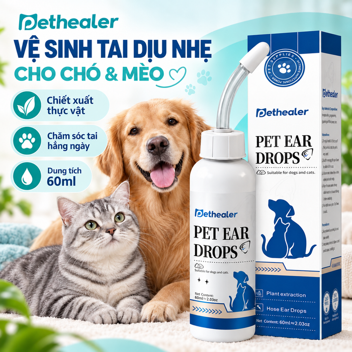 Dung dịch vệ sinh tai Pethealer cho chó và mèo 60ml, chiết xuất thực vật, làm sạch tai dịu nhẹ, chăm sóc tai thú cưng hàng ngày, hình ảnh chai sản phẩm cùng chó vàng mèo mướp