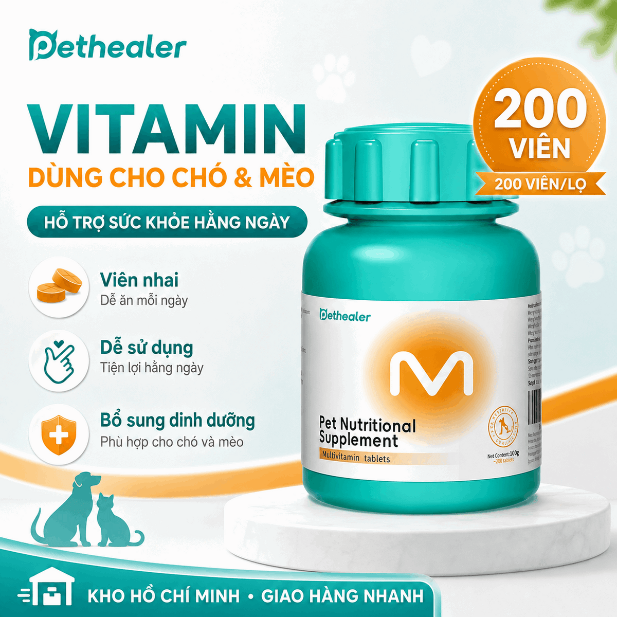 Viên vitamin tổng hợp Pethealer cho chó mèo 200 viên/lọ, viên nhai dễ ăn, bổ sung dinh dưỡng hỗ trợ sức khỏe hàng ngày cho thú cưng