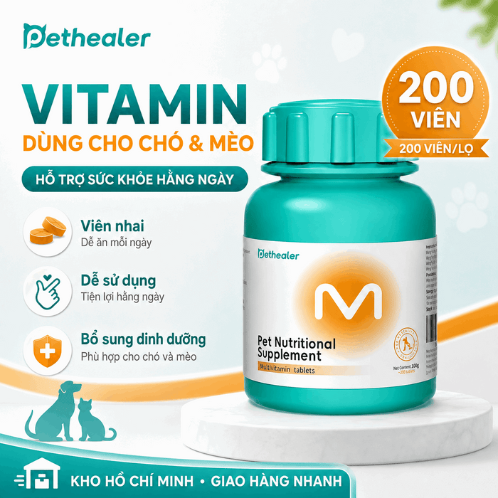Viên vitamin tổng hợp Pethealer cho chó mèo 200 viên/lọ, viên nhai dễ ăn, bổ sung dinh dưỡng hỗ trợ sức khỏe hàng ngày cho thú cưng