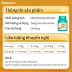 Thông tin sản phẩm viên đa vitamin Pethealer: 100g khoảng 200 viên, dùng cho chó mèo, hạn dùng 24 tháng; bảng liều dùng theo cân nặng, lưu ý bảo quản chống ẩm đậy kín sau mở nắp, để xa tầm tay trẻ em