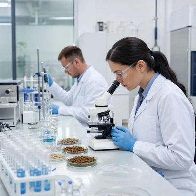 Nhà khoa học phòng thí nghiệm bên thứ ba kiểm tra chất lượng sản phẩm dinh dưỡng thú cưng Pethealer bằng kính hiển vi